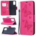 For Samsung Galaxy Note20 Embossing Two Butterflies Pattern Horizontal Flip PU Leather Case with Holder & Card Slot & Wallet & Lanyard(Rose Red) - 1