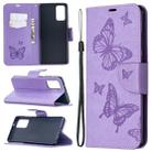 For Samsung Galaxy Note20 Embossing Two Butterflies Pattern Horizontal Flip PU Leather Case with Holder & Card Slot & Wallet & Lanyard(Purple) - 1