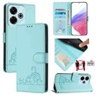 For Redmi 13 4G Cat Rat Embossed Pattern RFID Leather Phone Case with Lanyard(Mint Green) - 1