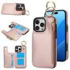 For iPhone 16 Pro Max RFlD Anti-theft Double Buckle Ring Zipper Card Phone Case(Rose Gold) - 1