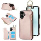 For iPhone 16 Plus RFlD Anti-theft Double Buckle Ring Zipper Card Phone Case(Rose Gold) - 1