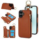 For iPhone 16 Plus RFlD Anti-theft Double Buckle Ring Zipper Card Phone Case(Brown) - 1