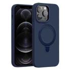 For iPhone 12 Pro Liquid Silicone MagSafe Metal Ring Holder Phone Case(Midnight Blue) - 1