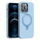 For iPhone 12 Pro Max Liquid Silicone MagSafe Metal Ring Holder Phone Case(Light Blue) - 1