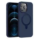 For iPhone 12 Pro Max Liquid Silicone MagSafe Metal Ring Holder Phone Case(Midnight Blue) - 1