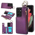 For Samsung Galaxy S21 Ultra 5G RFlD Anti-theft Double Buckle Ring Zipper Card Phone Case(Dark Purple) - 1