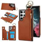 For Samsung Galaxy S22 Ultra 5G RFlD Anti-theft Double Buckle Ring Zipper Card Phone Case(Brown) - 1