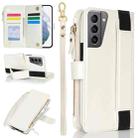 For Samsung Galaxy S21 5G Wristband Holder Zipper Purse RFID Leather Phone Case(White) - 1