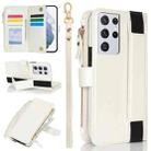 For Samsung Galaxy S21 Ultra 5G Wristband Holder Zipper Purse RFID Leather Phone Case(White) - 1