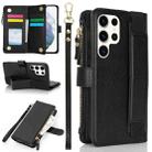 For Samsung Galaxy S22 Ultra 5G Wristband Holder Zipper Purse RFID Leather Phone Case(Black) - 1