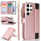 For Samsung Galaxy S22 Ultra 5G Wristband Holder Zipper Purse RFID Leather Phone Case(Rose Gold) - 1