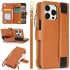 For iPhone 12 / 12 Pro Wristband Holder Zipper Purse RFID Leather Phone Case(Brown) - 1