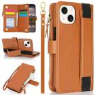 For iPhone 13 mini Wristband Holder Zipper Purse RFID Leather Phone Case(Brown) - 1