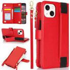 For iPhone 13 mini Wristband Holder Zipper Purse RFID Leather Phone Case(Red) - 1