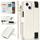 For iPhone 13 mini Wristband Holder Zipper Purse RFID Leather Phone Case(White) - 1