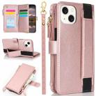 For iPhone 14 / 13 Wristband Holder Zipper Purse RFID Leather Phone Case(Rose Gold) - 1