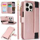 For iPhone 13 Pro Max Wristband Holder Zipper Purse RFID Leather Phone Case(Rose Gold) - 1