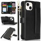 For iPhone 14 Plus Wristband Holder Zipper Purse RFID Leather Phone Case(Black) - 1