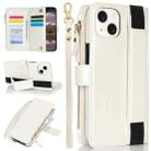 For iPhone 14 Plus Wristband Holder Zipper Purse RFID Leather Phone Case(White) - 1