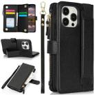 For iPhone 14 Pro Max Wristband Holder Zipper Purse RFID Leather Phone Case(Black) - 1