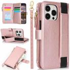 For iPhone 14 Pro Max Wristband Holder Zipper Purse RFID Leather Phone Case(Rose Gold) - 1