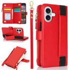 For iPhone 16 Wristband Holder Zipper Purse RFID Leather Phone Case(Red) - 1