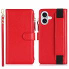 For iPhone 16 Wristband Holder Zipper Purse RFID Leather Phone Case(Red) - 2