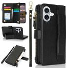 For iPhone 16 Plus Wristband Holder Zipper Purse RFID Leather Phone Case(Black) - 1