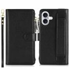 For iPhone 16 Plus Wristband Holder Zipper Purse RFID Leather Phone Case(Black) - 2