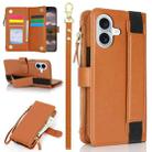 For iPhone 16 Plus Wristband Holder Zipper Purse RFID Leather Phone Case(Brown) - 1