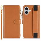 For iPhone 16 Plus Wristband Holder Zipper Purse RFID Leather Phone Case(Brown) - 2