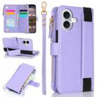 For iPhone 16 Plus Wristband Holder Zipper Purse RFID Leather Phone Case(Purple) - 1