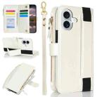 For iPhone 16 Plus Wristband Holder Zipper Purse RFID Leather Phone Case(White) - 1