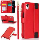 For iPhone XR Wristband Holder Zipper Purse RFID Leather Phone Case(Red) - 1