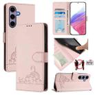 For Samsung Galaxy S25 5G Cat Rat Embossed RFID Leather Phone Case with Lanyard(Pink) - 1