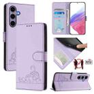 For Samsung Galaxy S25 5G Cat Rat Embossed RFID Leather Phone Case with Lanyard(Purple) - 1