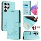 For Samsung Galaxy S25 Ultra 5G Cat Rat Embossed RFID Leather Phone Case with Lanyard(Mint Green) - 1