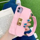 For iPhone 11 Silicone Solid Color Handheld Protective Case with Wallet & Chain(Pink) - 1