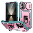 For iPhone 16 Plus Sliding Camshield TPU + PC Phone Case with Holder(Green+Pink) - 1