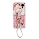 For Honor Magic V Flip Embroidery Style Full Coverage Phone Case with Ring Bead Chain(Pink) - 1