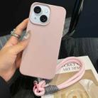 For iPhone 15 Plus Leather Texture TPU Full Coverage Phone Case with Lanyard(Pink) - 1