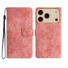 For iPhone 17 Pro Max Skin-feel Embossed Butterfly Leather Phone Case(Pink) - 1