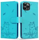 For iPhone 16 Pro Max Cute Cat Embossed Leather Phone Case(Lake Blue) - 1