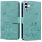 For iPhone 16 Plus Cute Cat Embossed Leather Phone Case(Green) - 1