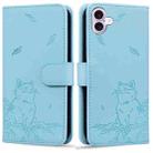 For iPhone 16 Plus Cute Cat Embossed Leather Phone Case(Sky Blue) - 1