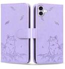 For iPhone 16 Plus Cute Cat Embossed Leather Phone Case(Purple) - 1