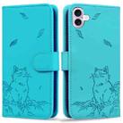 For iPhone 16 Plus Cute Cat Embossed Leather Phone Case(Lake Blue) - 1