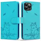 For iPhone 15 Pro Max Cute Cat Embossed Leather Phone Case(Lake Blue) - 1