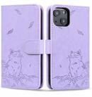 For iPhone 15 Plus Cute Cat Embossed Leather Phone Case(Purple) - 1