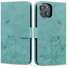 For iPhone 15 Cute Cat Embossed Leather Phone Case(Green) - 1